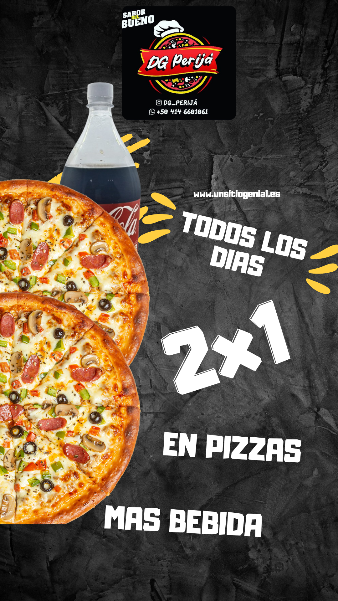 Post de Facebook Promoción Comida Rápida Pizza Llamativo Negro y Amarillo_20260401_225216_0000 Pizza con borde+sin borde+1.5LT - Imagen 1